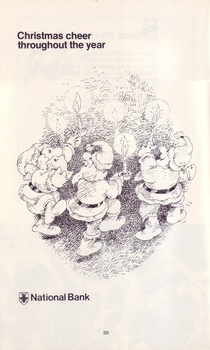 Drawing of Santa's holding candles and dancing in a circle - advertisement from National Bank