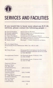 Contact names and numbers for RVIB services and offices