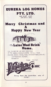 Christmas message from Eureka Log Homes and advertisement for their Lalor 'Mud Brick' home