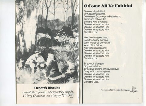 Christmas message from Arnott's Biscuits and words to O Come All Ye Faithful