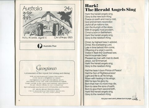 Words to Hark! The Herald Angels Sing, image of Australia Post Christmas stamp and advertisement for Georgiana's