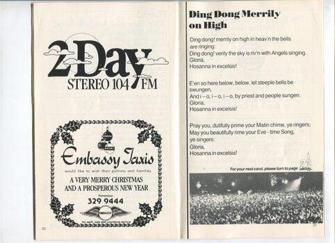 Advertisement for 2 Day FM, Christmas message from Embassy Taxis and words to Ding Dong Merrily on High