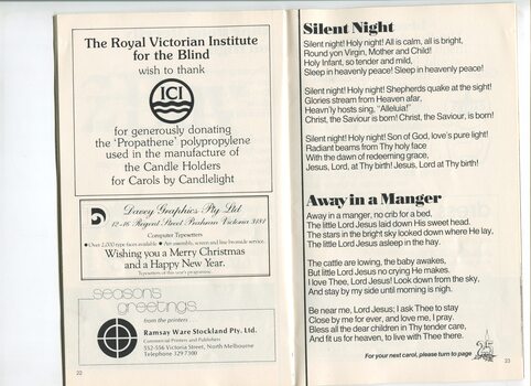 Christmas messages from Ramsay Ware Stockland and Davey Graphics, thanks to ICI and words to Silent Night and Away in a Manger