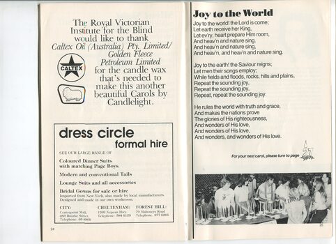 Advertisement for Dress Circle Hire, thanks to Caltex Oil/Golden Fleece Petroleum and words to Joy to the World