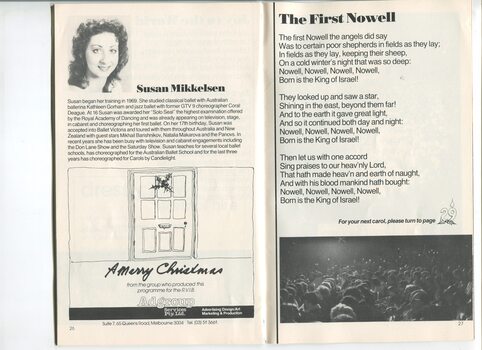 Words to First Nowell, Christmas message from Adgroup, image of crowd and portrait and profile of choreographer Susan Mikkelsen