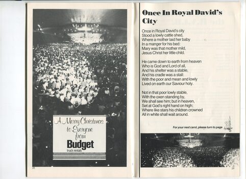 Christmas message from Budget Truck Rentals, images of audience and words to Once in Royal David's City