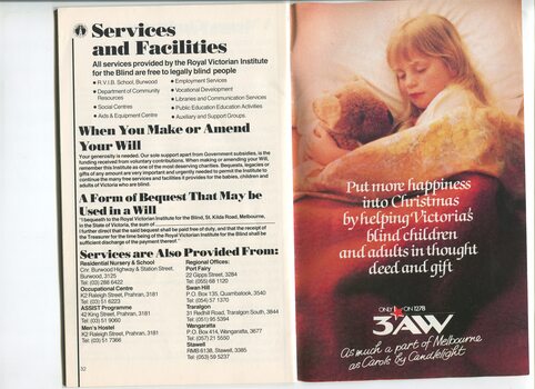 Services and Facilities RVIB provide, info on how to provide a bequest and advertisement for 3AW