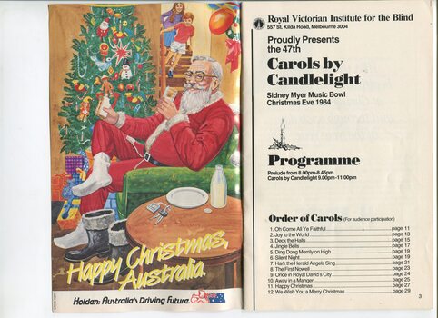 Drawing of Santa sitting next to tree with children coming downstairs by Holden and list of carols