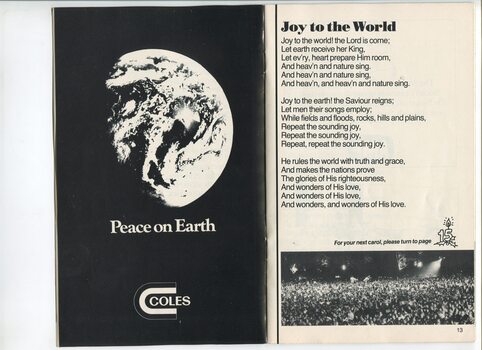 Coles Christmas message, words to Joy to the World and photo of crowd