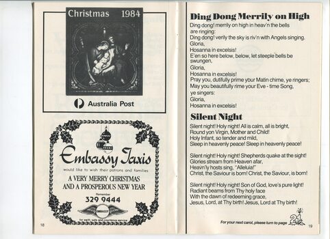 Australia Post and Embassy Taxis Christmas message and words to Ding Dong Merrily on High and Silent Night