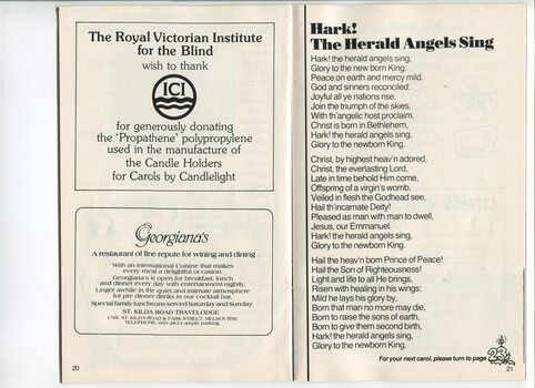 Thankyou to ICI, advertisement for Georgiana's and words to Hark! The Herald Angels Sing