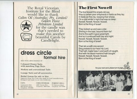 Thanks to Caltex, advertisement for Dress Circle Hire, words to The First Nowell and picture of candle sellers