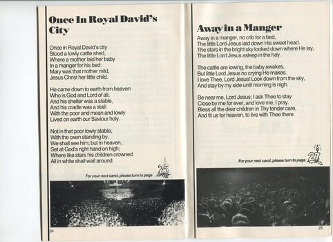 Words to Once in Royal David's City and Away in a Manger with two images of the audience