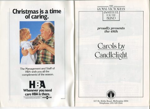 HBA Christmas message and title page of program