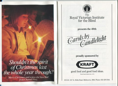 Girl singing at Carols by Candlelight with Christmas message from Channel 9 and title page of program