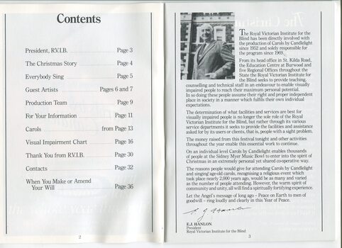 Contents page and portrait and message from E.J. Hanlon on role of Carols