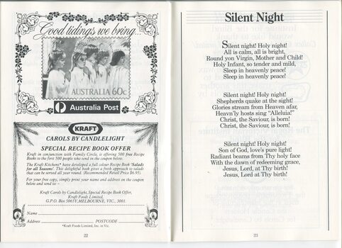 Christmas message from Australia Post, Kraft special recipe book offer and words to Silent Night