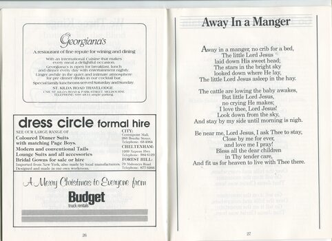 Advertisement for Dress Circle Hire, Georgiana's and Budget Truck Rentals and words to Away in a Manger