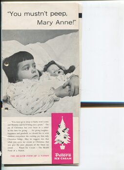 Peters Ice Cream advertisement with picture of little girl with her doll in bed