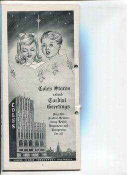 Coles Christmas message and drawing of store and two children singing holding a song book
