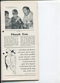 Thank you from organisers, drawing of nurse and child and photo of Norman Swain with children saying prayers