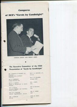 Photo of comperes Norman Swain and Philip Gibbs and list of organising committee
