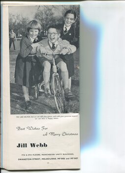 Christmas message from Jill Webb and photo of boy on tricycle with two girls beside him