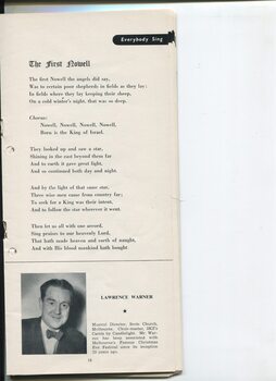 Words to The First Nowell and portrait of Lawrence Warner with brief biography