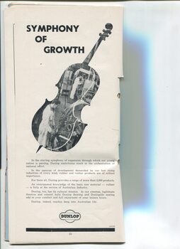 Advertisement for Dunlop with picture of factory workers in shape of cello