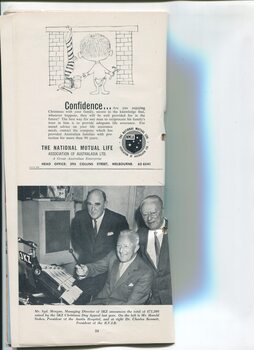 Advertisement for National Mutual Life with drawing of boy hanging stocking and photo of Syd Morgan, Harold Stokes and Dr Charles Bennett