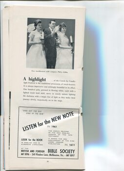 Advertisement for Bible Society and photo of Philip Gibbs with torchbearers and description of procession
