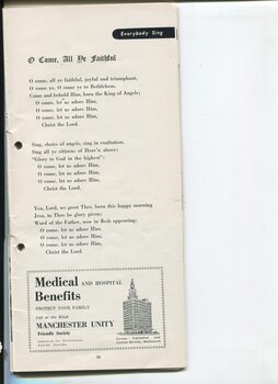 Words to O Come All Ye Faithful and advertisement for Manchester Unity Friendly Society