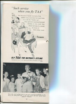 Drawing of airplane passengers advertising TAA and photo of Johnny O'Keefe with five girls singing