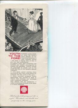 Christmas message and advertisement for youth program by Shell with drawing of young woman being led on stage