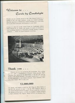 Welcome to Carols, thank you for program purchase and photo of 1962 stage setting