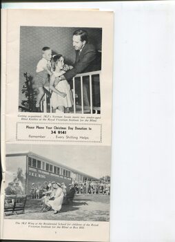 Photos of Norman Swain with two children and crowd at opening of 3KZ wing at Burwood School