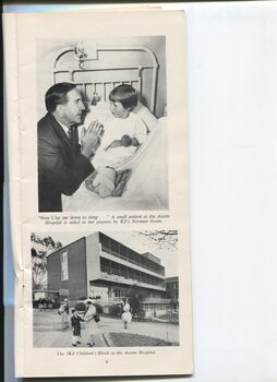 Photos of Norman Swain with patient and nurses with children outside 3KZ wing of Austin Hospital