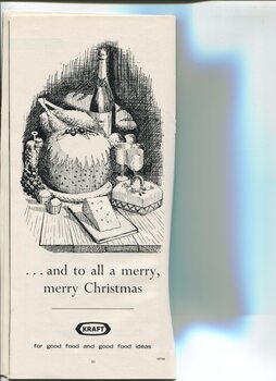 Christmas message from Kraft with drawing of plum pudding, cheese, chicken, bread and champagne on a platter