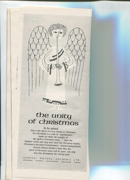 Christmas message from General Motors Holden with drawing of angel blowing a trumpet