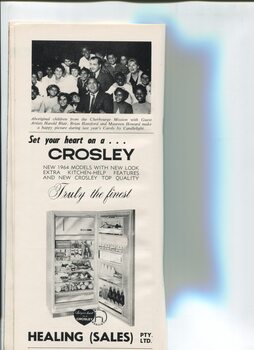Advertisement for Crosley fridges by Healing Pty Ltd and photo of Cherbourg mission children with some guest artists