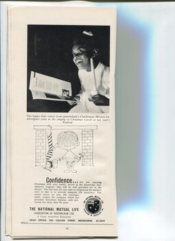 Girl holds candle and songbook at 1962 Carols and advertisement for National Mutual Life Association