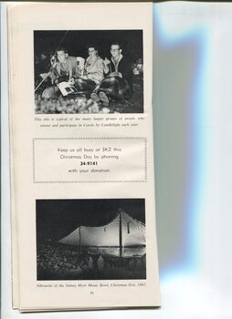 Photos of 3 people enjoying Carols and view of the stage from side of audience