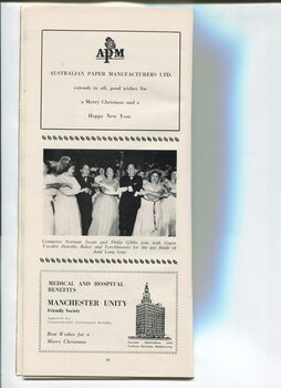 Christmas messages from Australian Paper Manufacturers and Manchester Unity and photo of Swain and Gibbs dancing with Dorothy Baker and torchbearers
