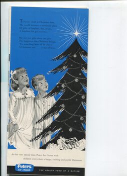 Christmas message from Peters Ice Cream and drawing of boy and girl looking at Christmas tree with presents underneath