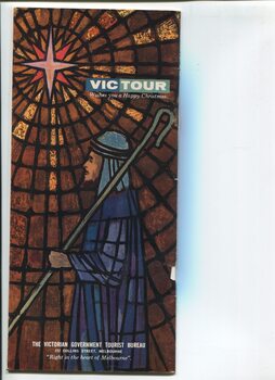 Victorian Government Tourist Bureau advertisement with image of stained glass window with shepherd watching a star