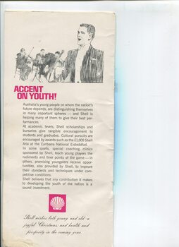Christmas message from Shell and advertisement for youth program with drawing of singer with orchestra