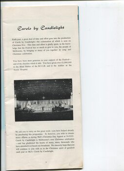 Thank you for donating to Carols and photo of stage from 1963 concert