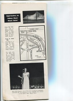 Travel advice, map and photo of Bowl and photo of Judy Jacques singing on stage at 1963 Carols