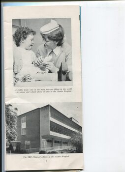 Photos of nurse with young patient and the 3KZ Children's block at the Austin Hospital