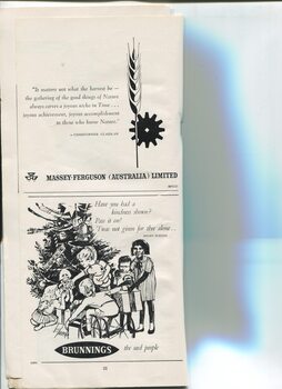 Christmas message from Brunnings with drawing of children under a Christmas tree and advertisement for Massey-Ferguson